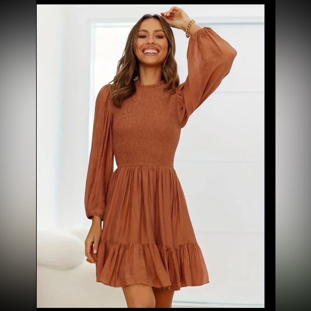 Ruffle Hem Shirred Dress, Elegant Long Sleeve Dress - Picture 2 of 4